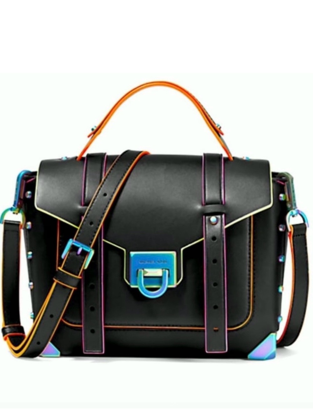 MICHAEL KORS Manhattan Medium Contrast-Trim Leather Satchel Black Neon - Picture 2 of 16